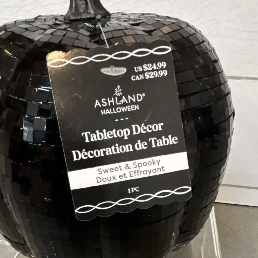 Ashland Halloween Black Glass Mosaic Pumpkin Tabletop Decor 8 in